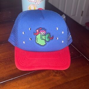 Blue and Red Trucker Hat with Embroidered Design